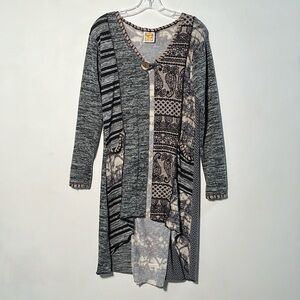 HAND JIVE Art to Wear Hi-Lo Mixed Media Artsy 2 Pocket 1 Button Open Cardigan XS